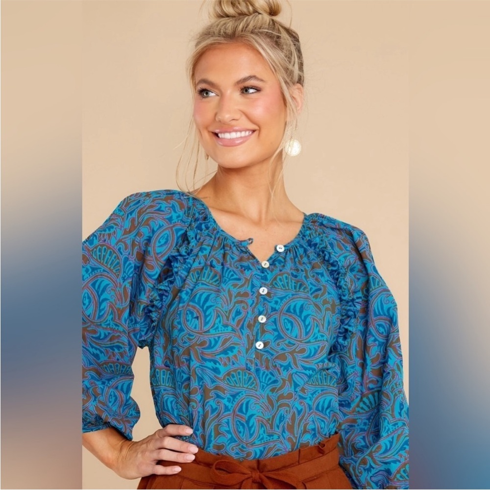 Cleobella Jayda Organic Cotton Tassel Blouse in Zuri Block Print Sz Small
